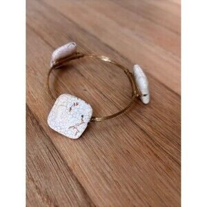 Handmade Wire Wrapped Bracelet Gold Tone with Cream/Brown Stones Bohemian Bangle